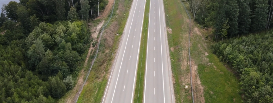 Na zdjęciu widać prostą drogę biegnącą w dal wśród lasów. Pasy jezdni oddziela trawa.